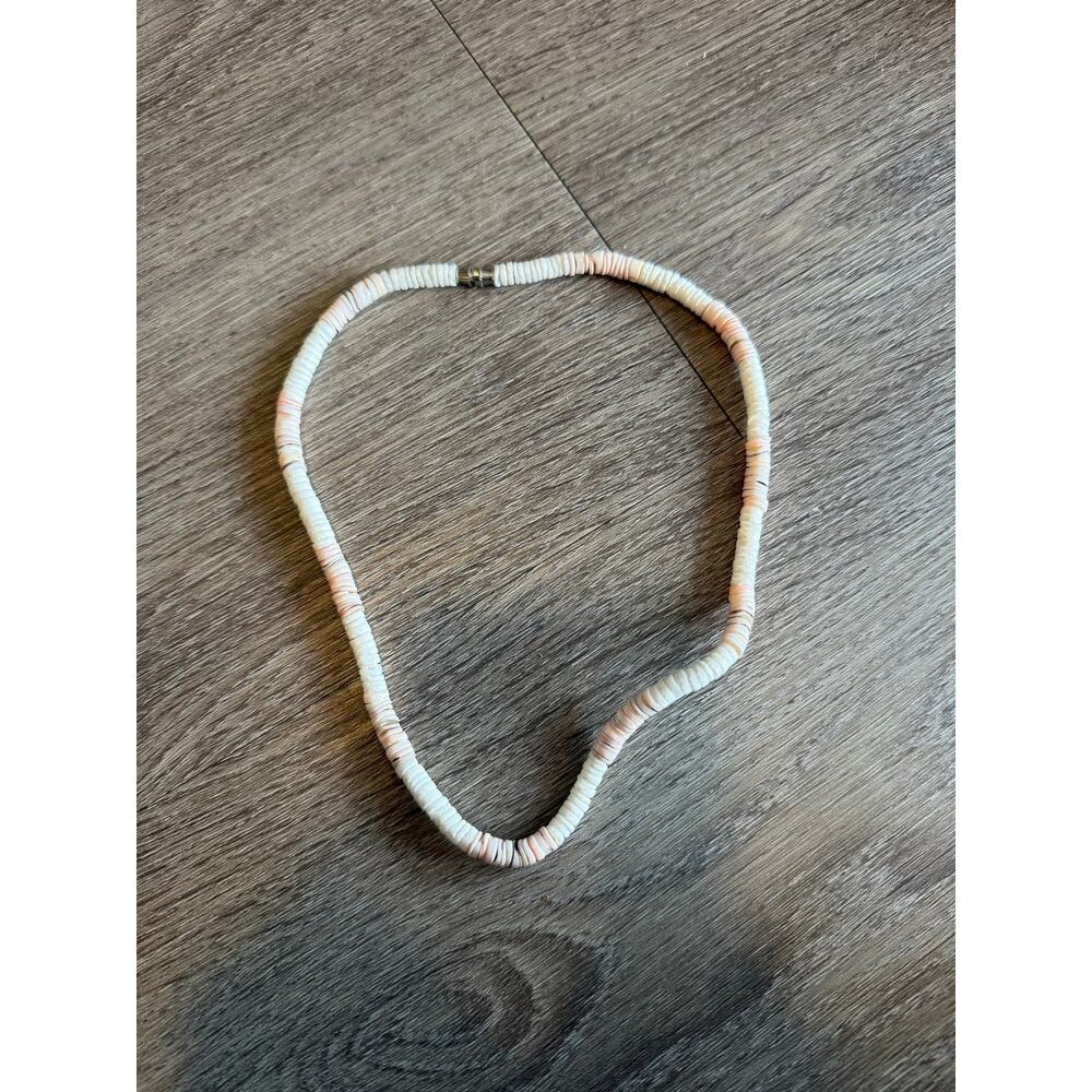 Shell Beaded Necklace - Screw Clasp, White Pink
